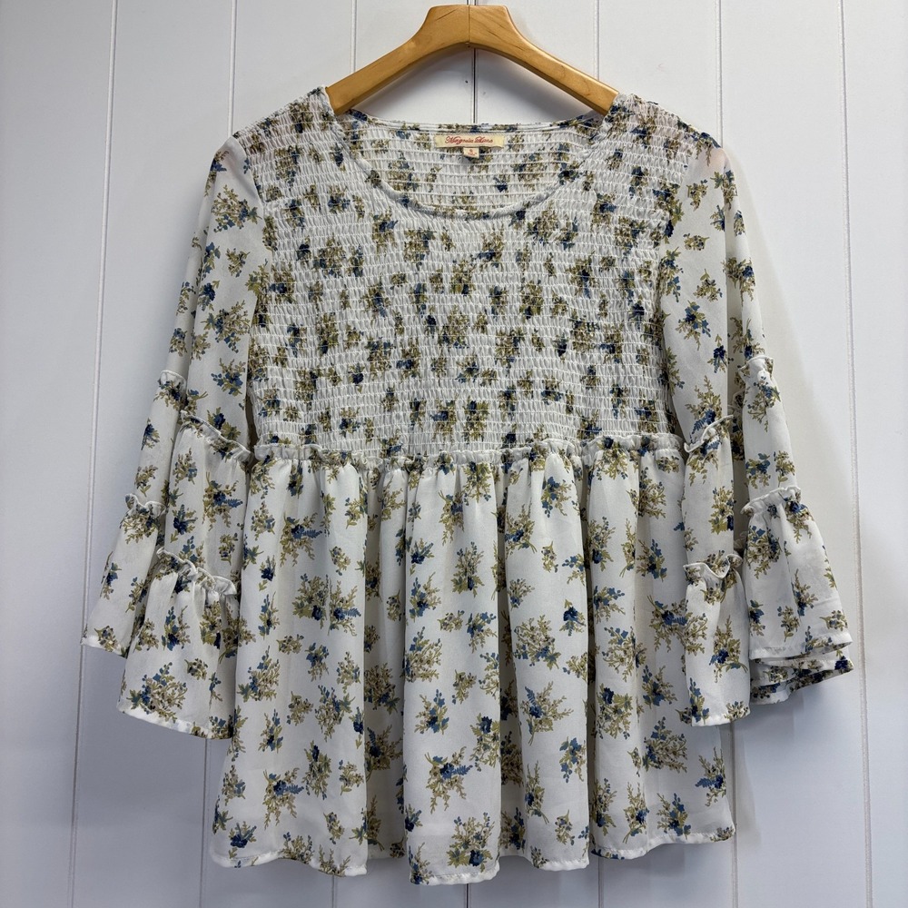 Magnolia Lane Womens Boho Smocked Floral Top Size S Cottage Peasant Feminine